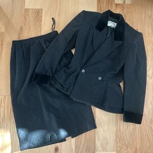 VINTAGE WOOL Black double breasted blazer w/ polka dot pattern & matching skirt